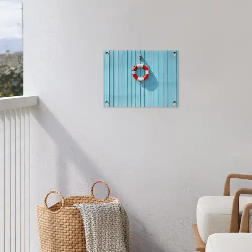 Reddingsboei - Houten wand - Blauw tuinposter los doek klein -sfeer8