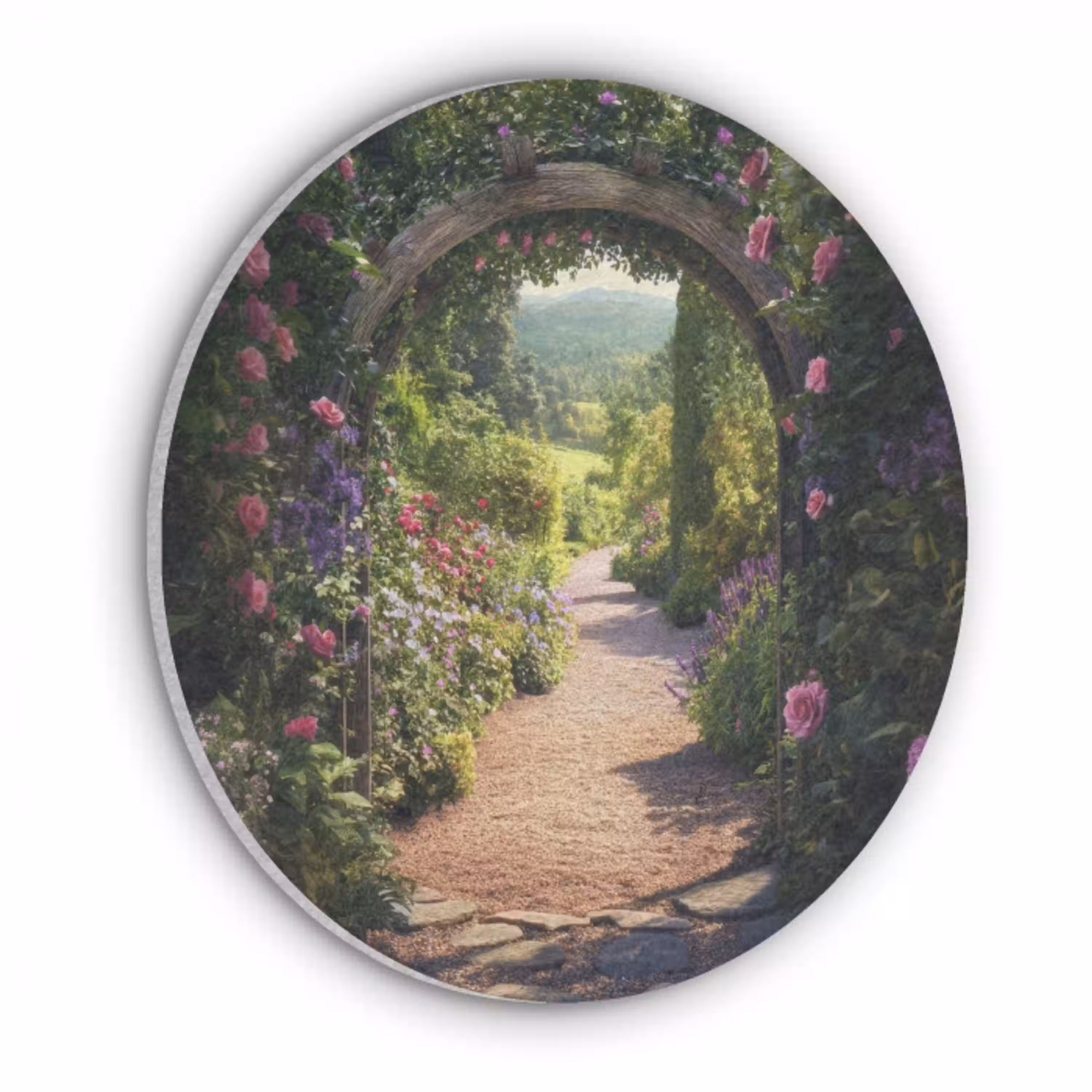 Doorkijk - Bloemen - Natuur - Rozenboog Akoestische PET Vilt - Rond klein -3d