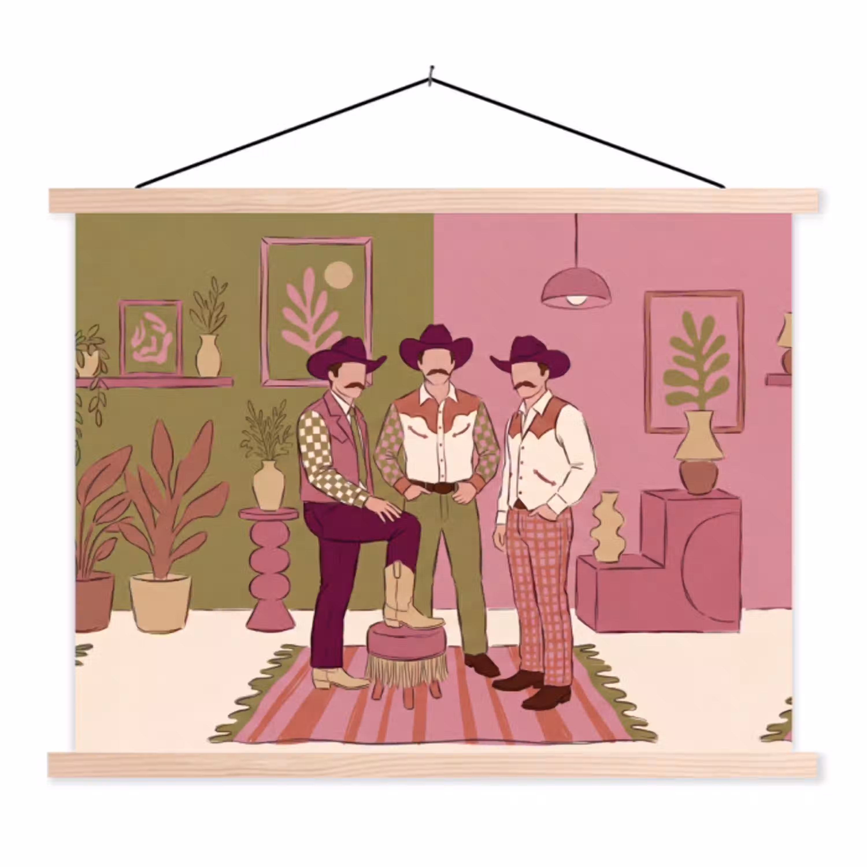 Mensen - Mannen - Hoeden - Retro - Interieur textielposter latten blank klein -3d