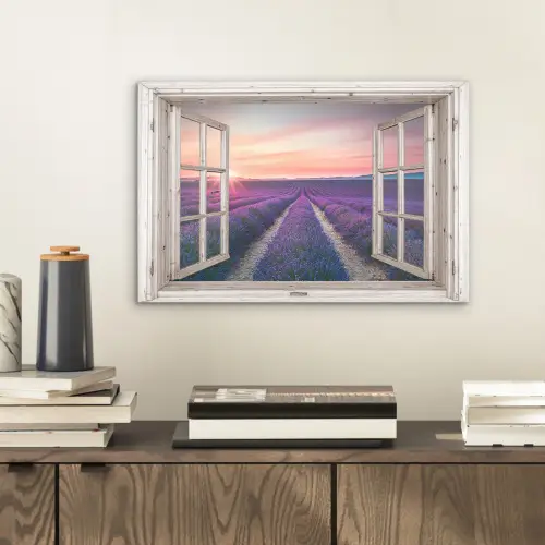 Doorkijk - Lavendel - Bloemen - Hout - Zonsondergang - Paars aluminium wit klein -sfeer1