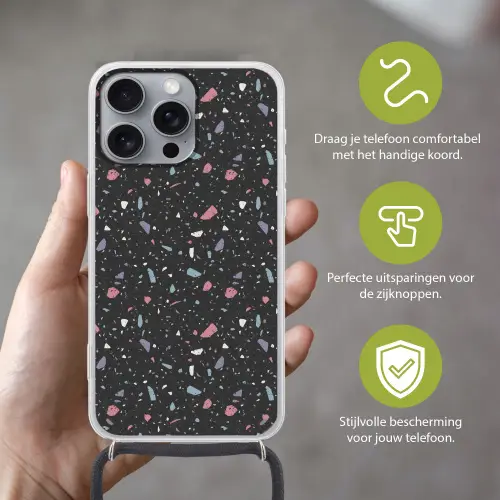Terrazzo - Patroon - Zwart - Zacht Hoesje iPhone 16 Pro Max met koord klein 804 -sfeer2_NL