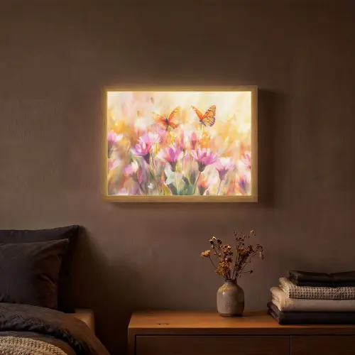 Vlinders - Oranje - Bloemen Light Box met batterij (Wandlamp) middel -sfeer4