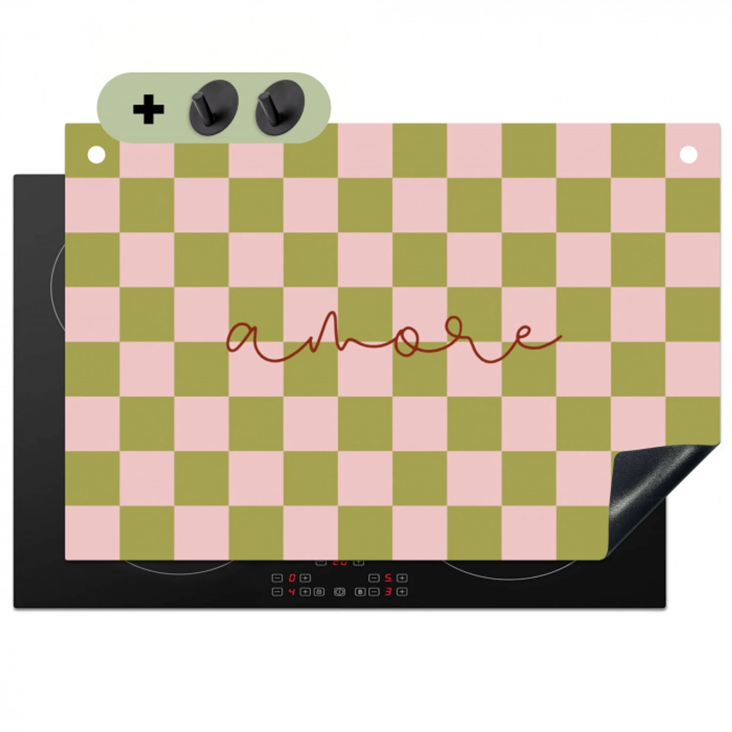Patroon - Geblokt - Olijfgroen - Amore Inductie beschemer met haakjes klein -3d
