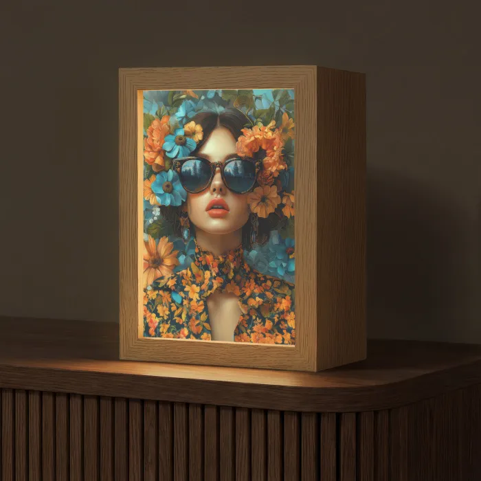 Vrouw - Bloemen - Oranje - Blauw - Modern Light Box met kabel (Tafellamp) klein -z3d_website