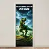 Grüner T-Rex im Gewitter mit Namensfeld. deurposter klein -3d_beige