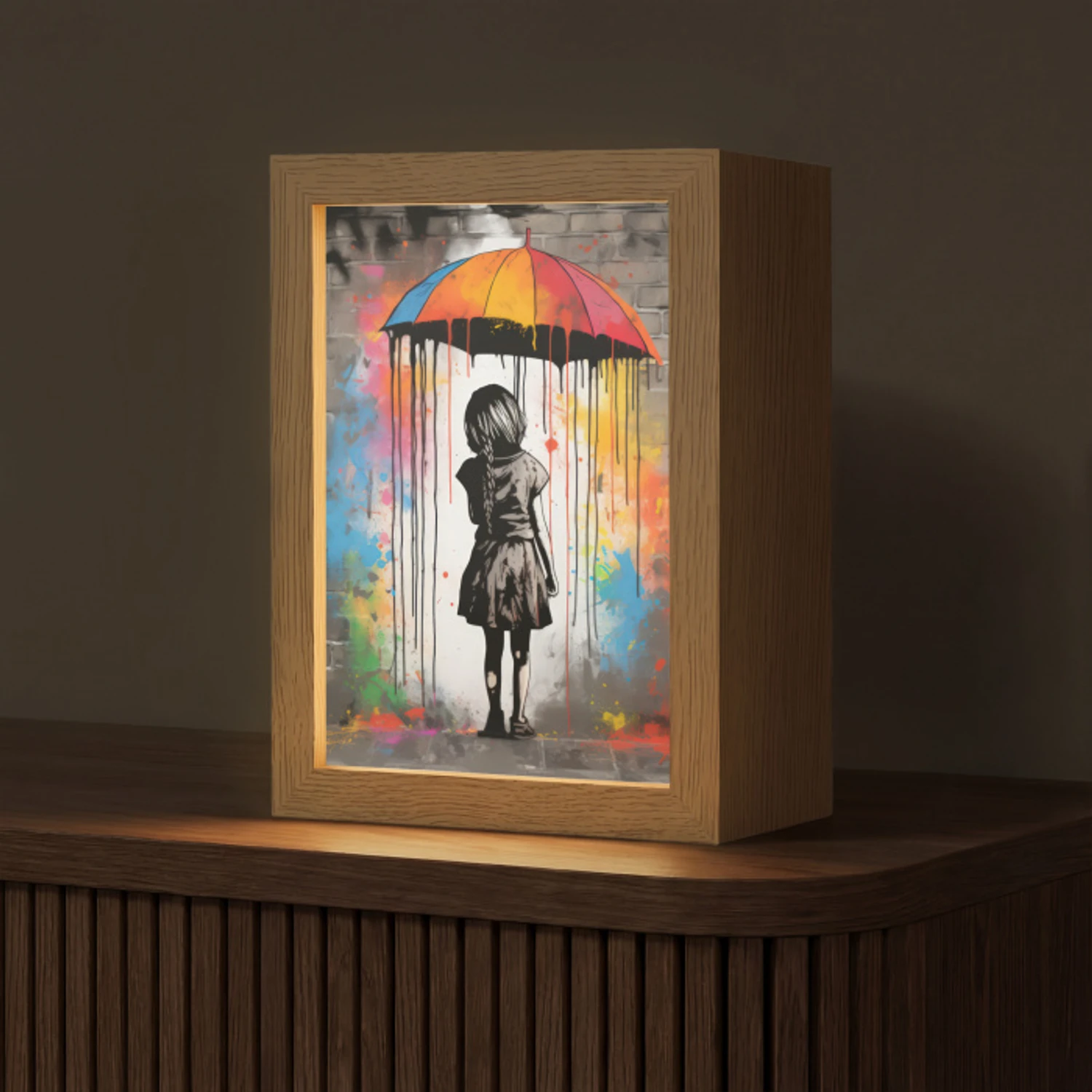 Meisje - Kunst - Paraplu - Graffiti - Kleuren - Muur Light Box met kabel (Tafellamp) klein -z3d_website
