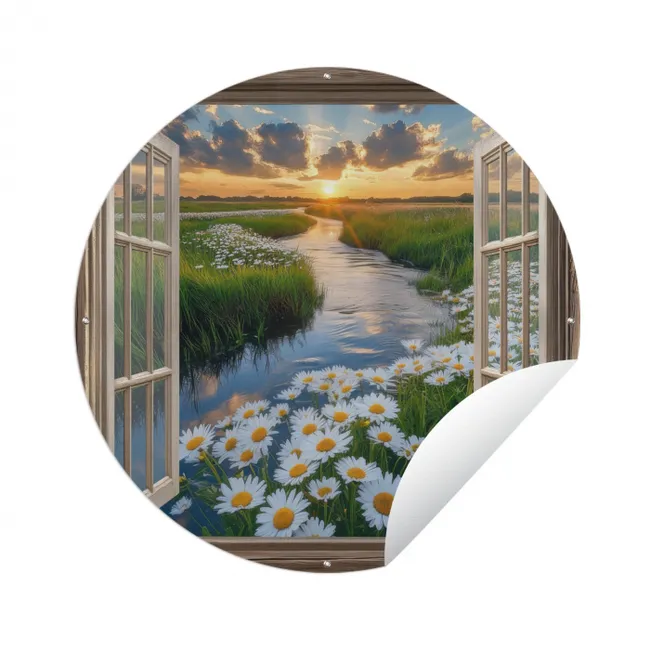 Doorkijk - Landschap - Raam - Water - Zonsondergang Wandcirkel tuinposter met ringen klein -3d