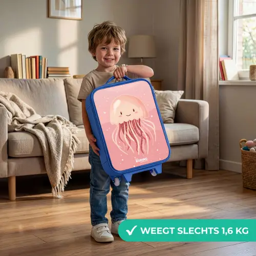 Roze kwal met gezicht Kinderkoffer - Blauw klein -sfeer2_NL