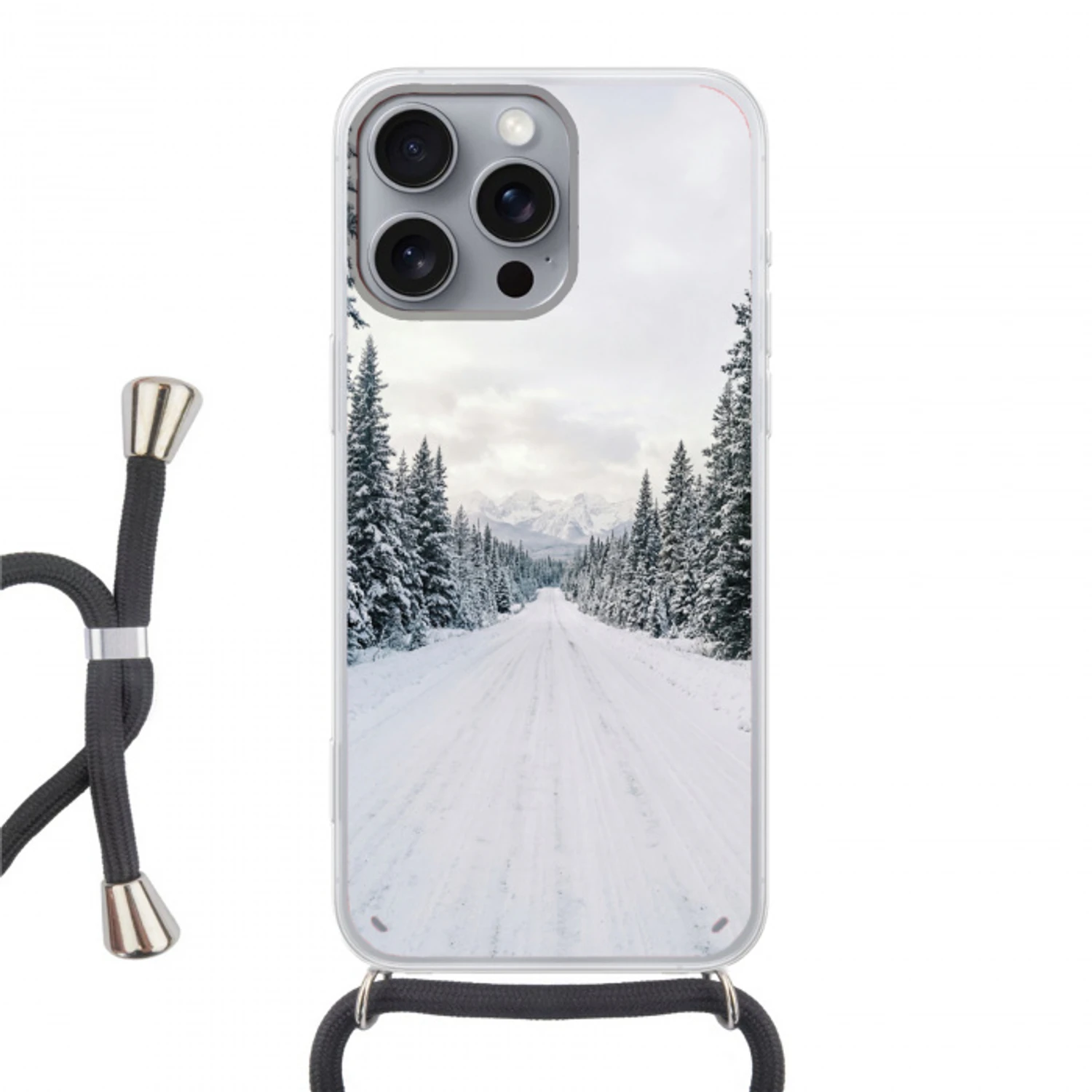 Weg - Sneeuw - Naaldbos - Winter - Avontuurlijk Hoesje iPhone 16 Pro Max met koord klein -3d