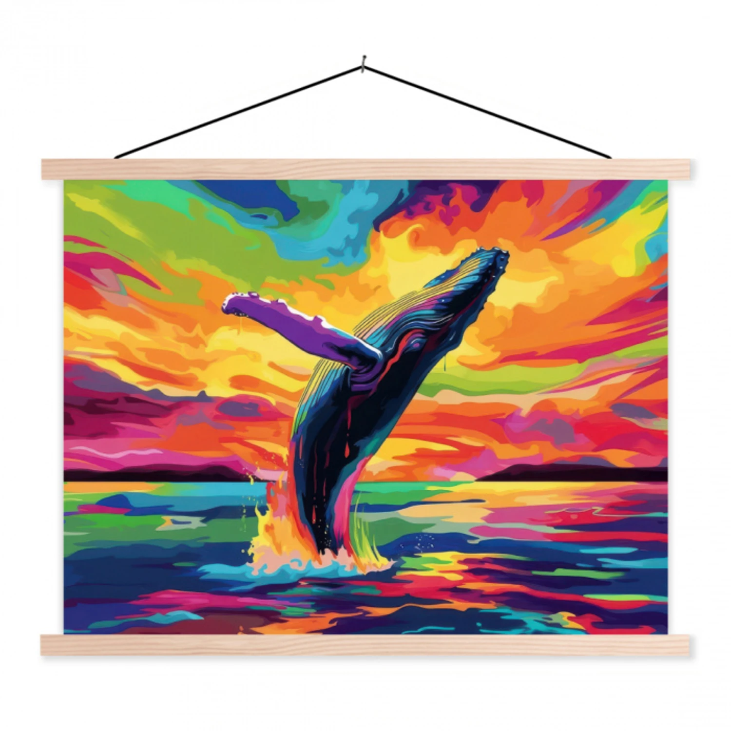 Zonsondergang - Walvis - Geschilderd - Kleurrijk textielposter latten blank klein -3d