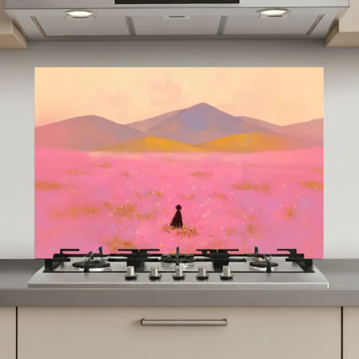 Bloemenweide - Heuvels - Silhouet - Roze keuken achterwand spatscherm klein -3d_website