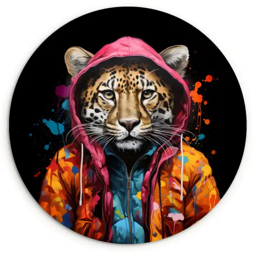 Graffiti - Luipaard - Zwart - Jas Wandcirkel kunststof plaat 5mm dik klein -3d