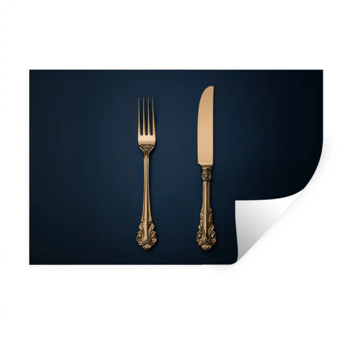 Bestek - Donkerblauw - Goud Muursticker klein -3d