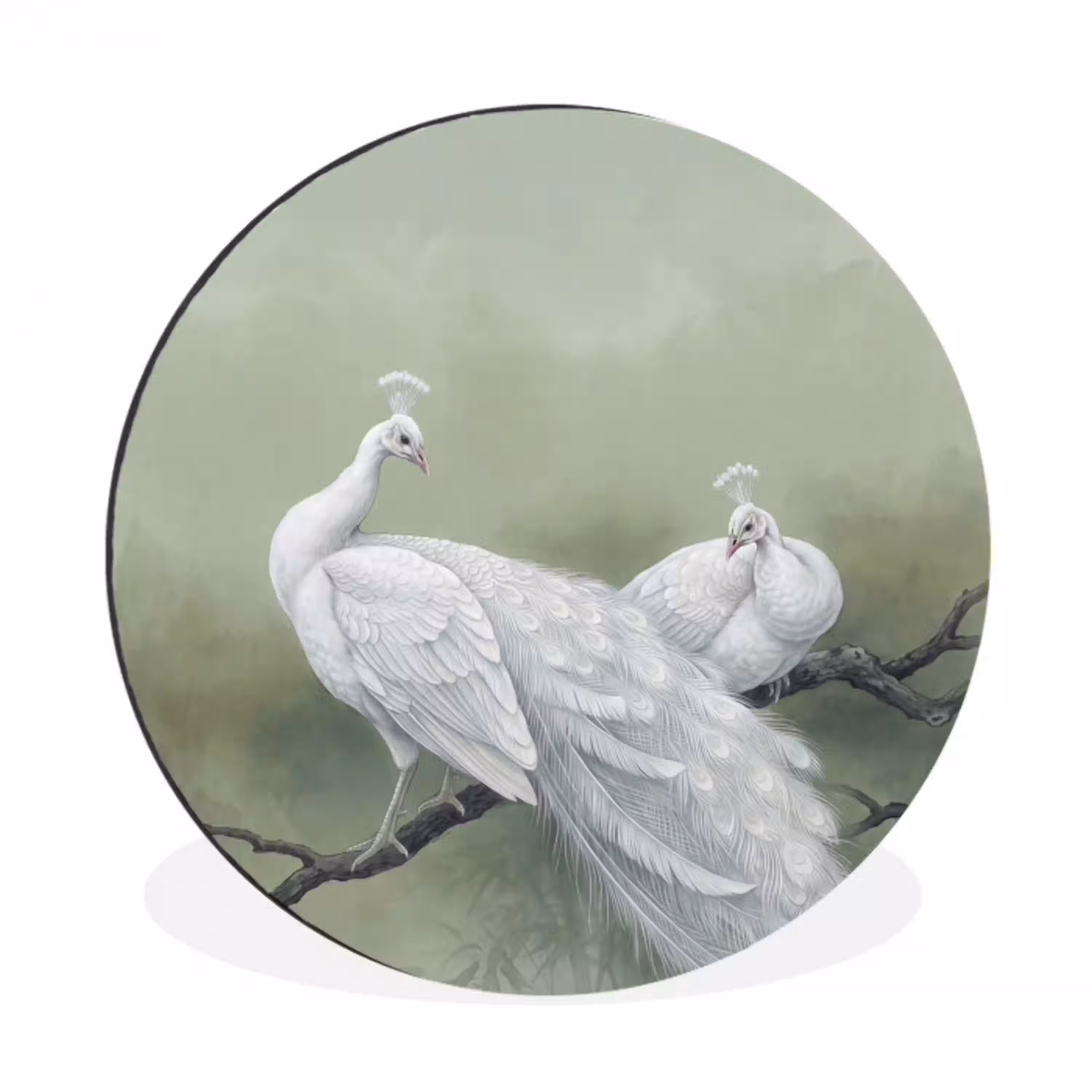 Pauwen - Wit - Natuur - Groen Wandcirkel aluminium klein -3d