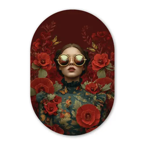 Bloemen - Dieprood - Zonnebril - Vrouw Wandcirkel Ovaal Forex klein -3d