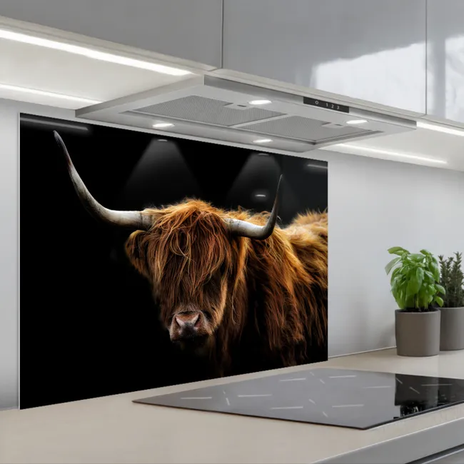 Kitchen Splashback - Scottish Highlander - Horns - Black - Animals - Nature - Wild - Cow