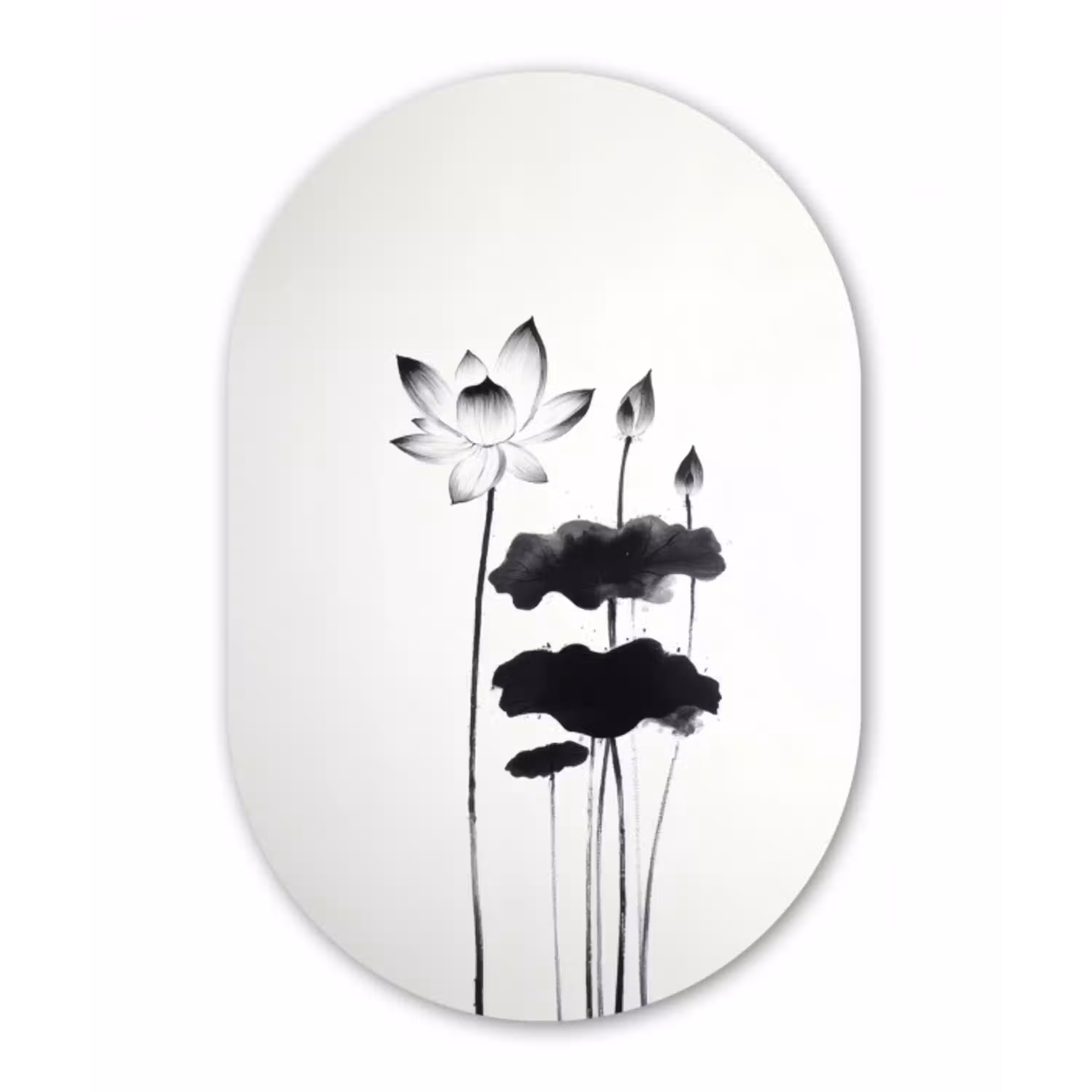 Bladeren - Zwart - Lotusbloem - Minimalitisch Wandcirkel Ovaal Glas middel -3d