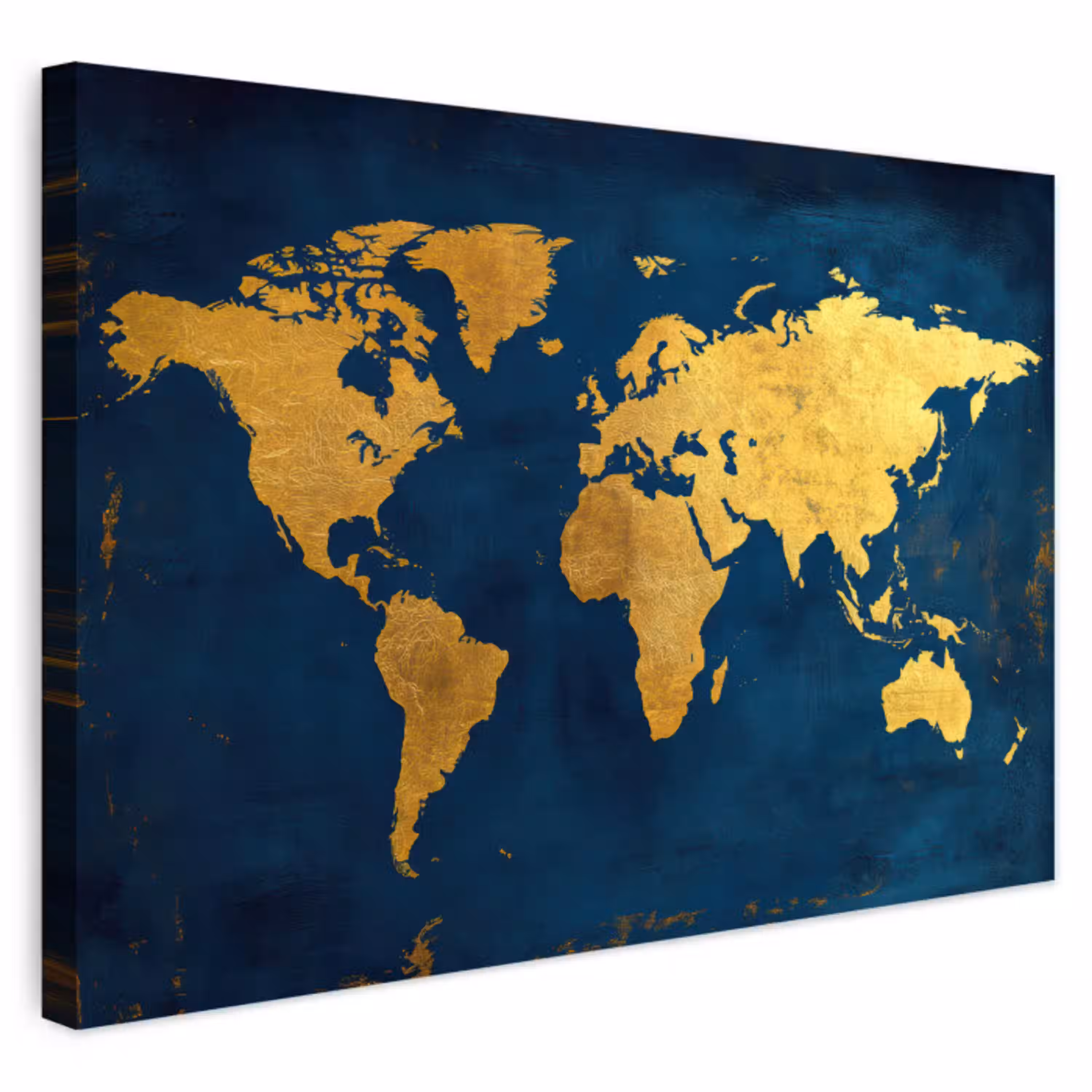 Wereldkaart - Goud - Donkerblauw Tuinposter op houten frame 2 cm dik klein -3d