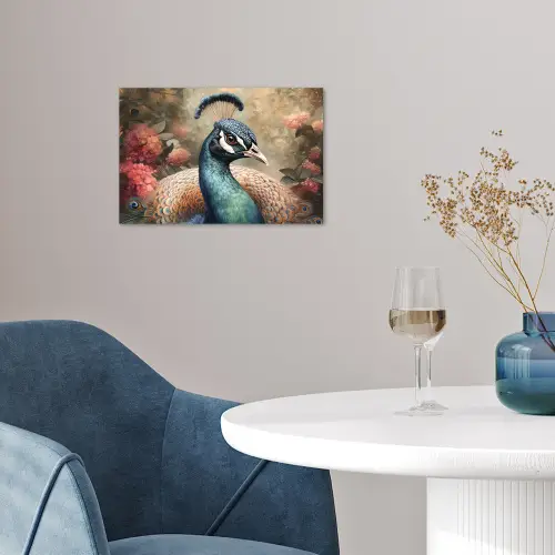 Pauw - Vogel - Bloemen - Planten - Pauwenveren poster papier klein -sfeer3