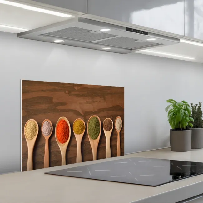 Pollepel - Kruiden - Eten - Specerijen - Tafel keuken achterwand spatscherm klein -3d_schuin