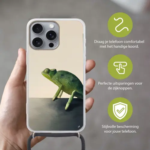 Kameleon - Groen - Minimalistisch Hoesje iPhone 16 Pro Max met koord klein -sfeer2_NL