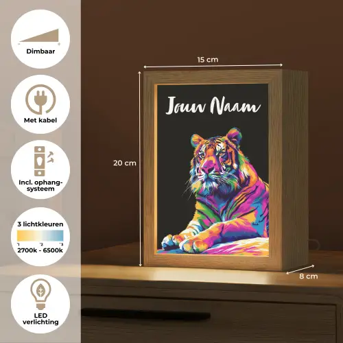 Tijger - Kleurrijk - Dieren - Zwart - Neon Light Box met kabel (Kinderlampje) klein -USP_NL