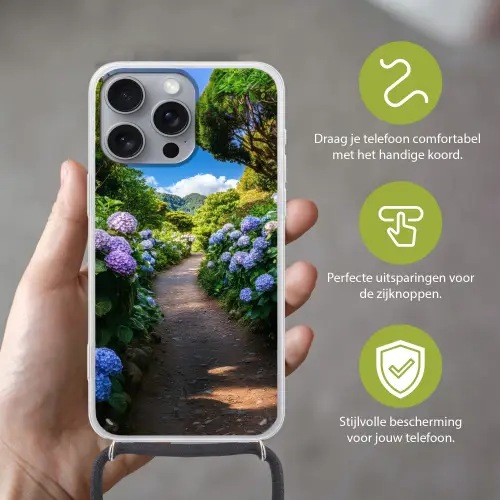 Hortsensia - Pad - Bloemen Hoesje iPhone 16 Pro Max met koord klein -sfeer2_NL