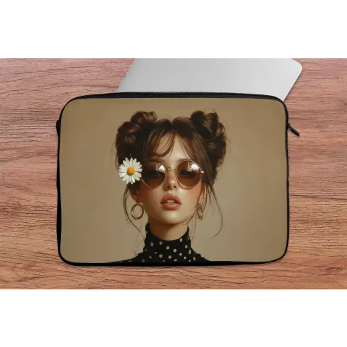 Vrouw - Beige - Bloem - Modern - Portret laptophoes neopreen klein -tafel