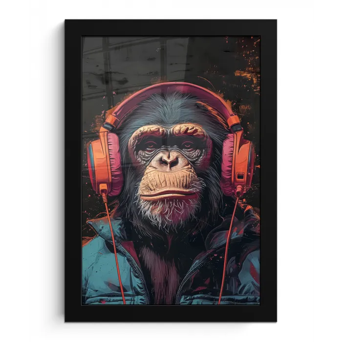 Graffiti - Chimpansee - Koptelefoon - Aap fotolijst zwart zonder passe partout klein -3d