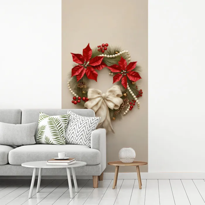 Deurkrans - Strik - Kerst - Rood - Groen fotobehang vinyl groot -woonkamer