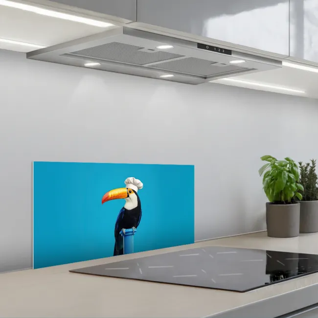 Tucan - Sokkel - Vogel - Koksmuts keuken achterwand spatscherm klein -3d_schuin