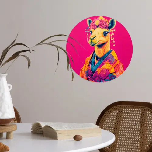 Kameel - Bloemen - Kimono - Waaiers Wandcirkel behangsticker klein -sfeer3