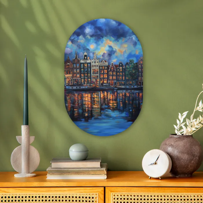 Grachten Amsterdam - Huizen - Stad - Kleurrijk Wandcirkel Ovaal Forex klein -sfeer2