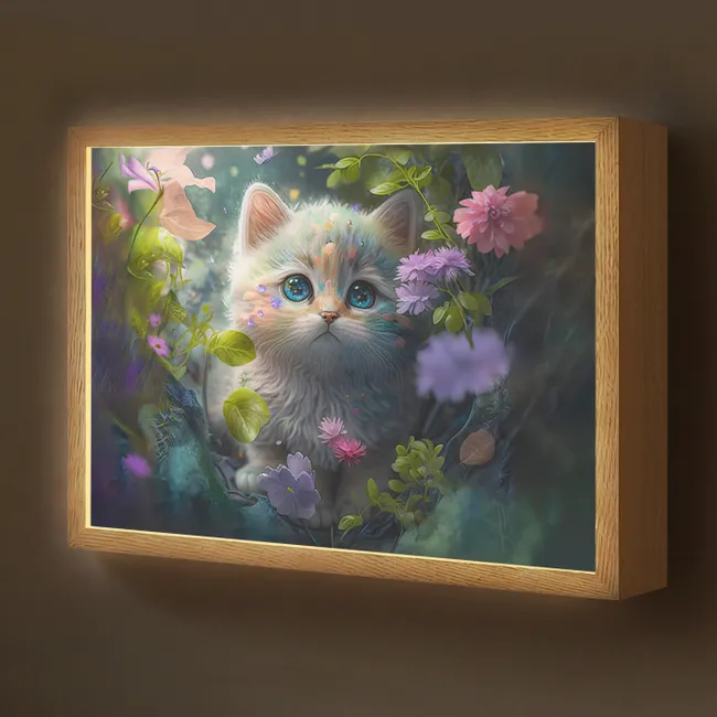 Lightbox - Wandlamp kinderkamer - Kitten - Bloemen - Bos - Illustratie - Poes