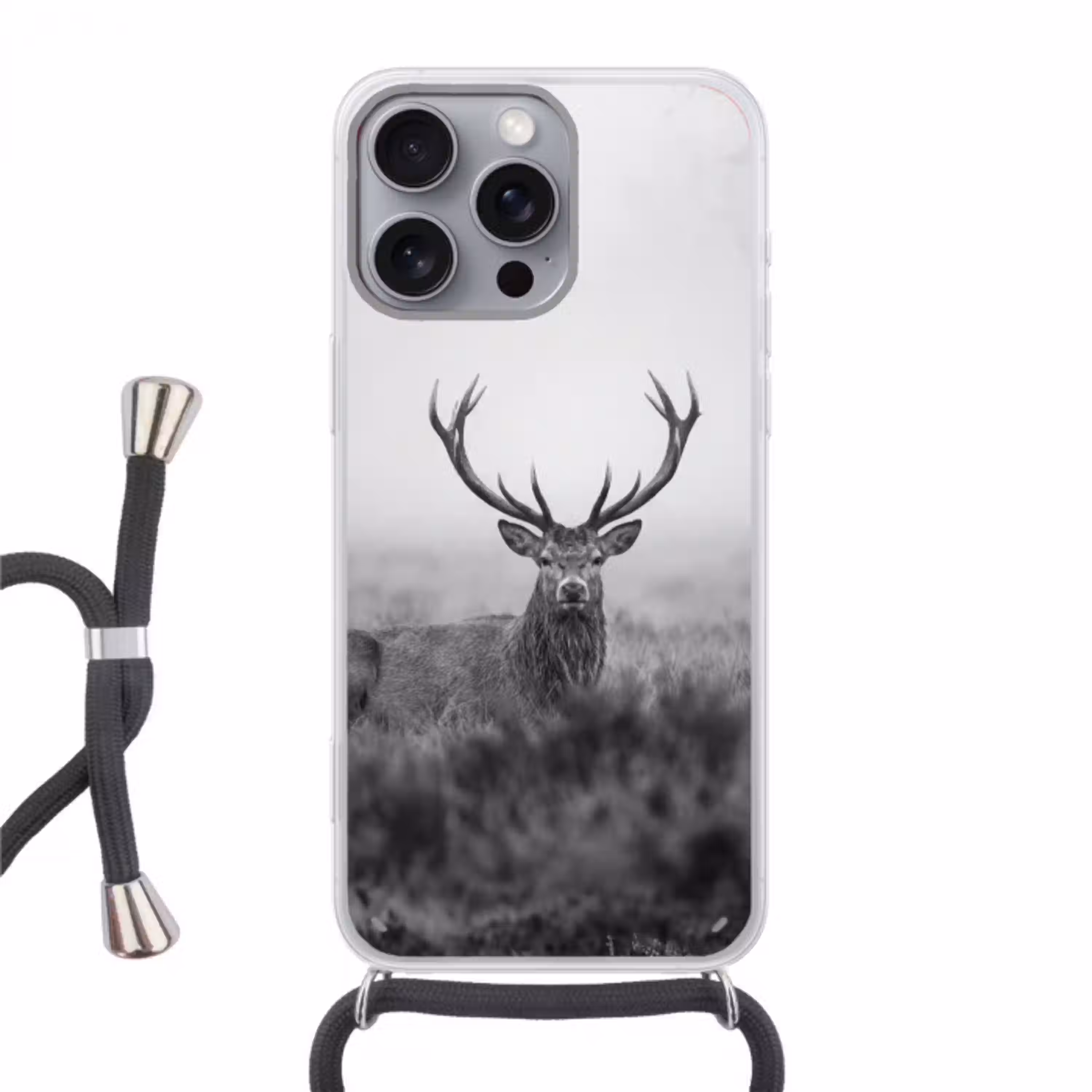 Hert - Mistig - Zwart - Wit Hoesje iPhone 16 Pro Max met koord klein -3d