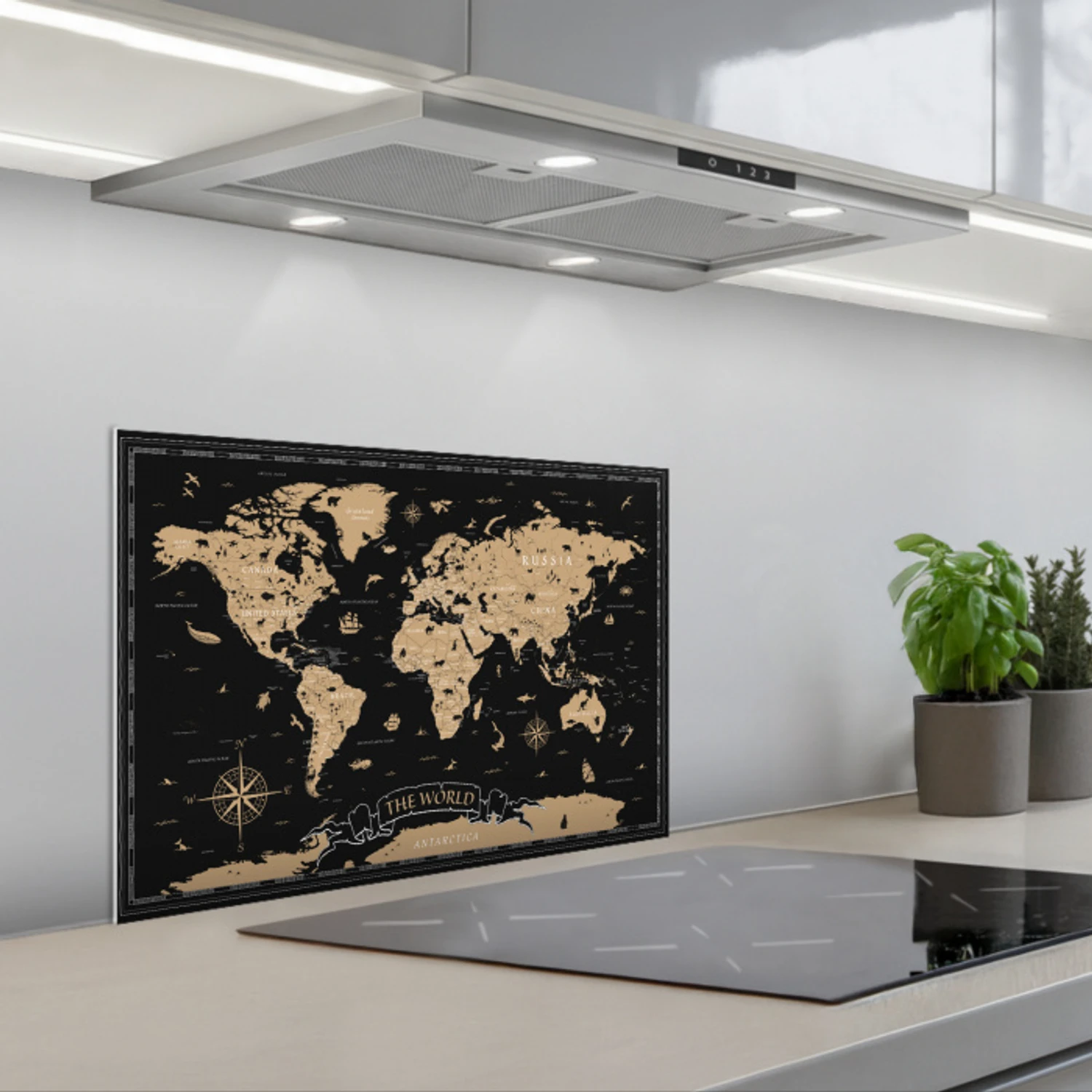 Wereldkaart - Beige - Zwart keuken achterwand spatscherm klein -3d_schuin
