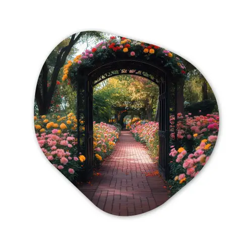 Doorkijk - Bloemen - Pad - Natuur - Kleurrijk Wandcirkel Organisch Aluminium middel -3d