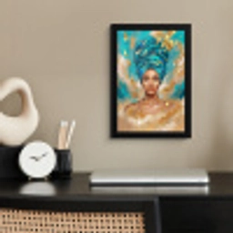 Portret - Vrouw - Schilderij - Blauw - Goud - Expressief fotolijst zwart zonder passe partout klein -sfeer1