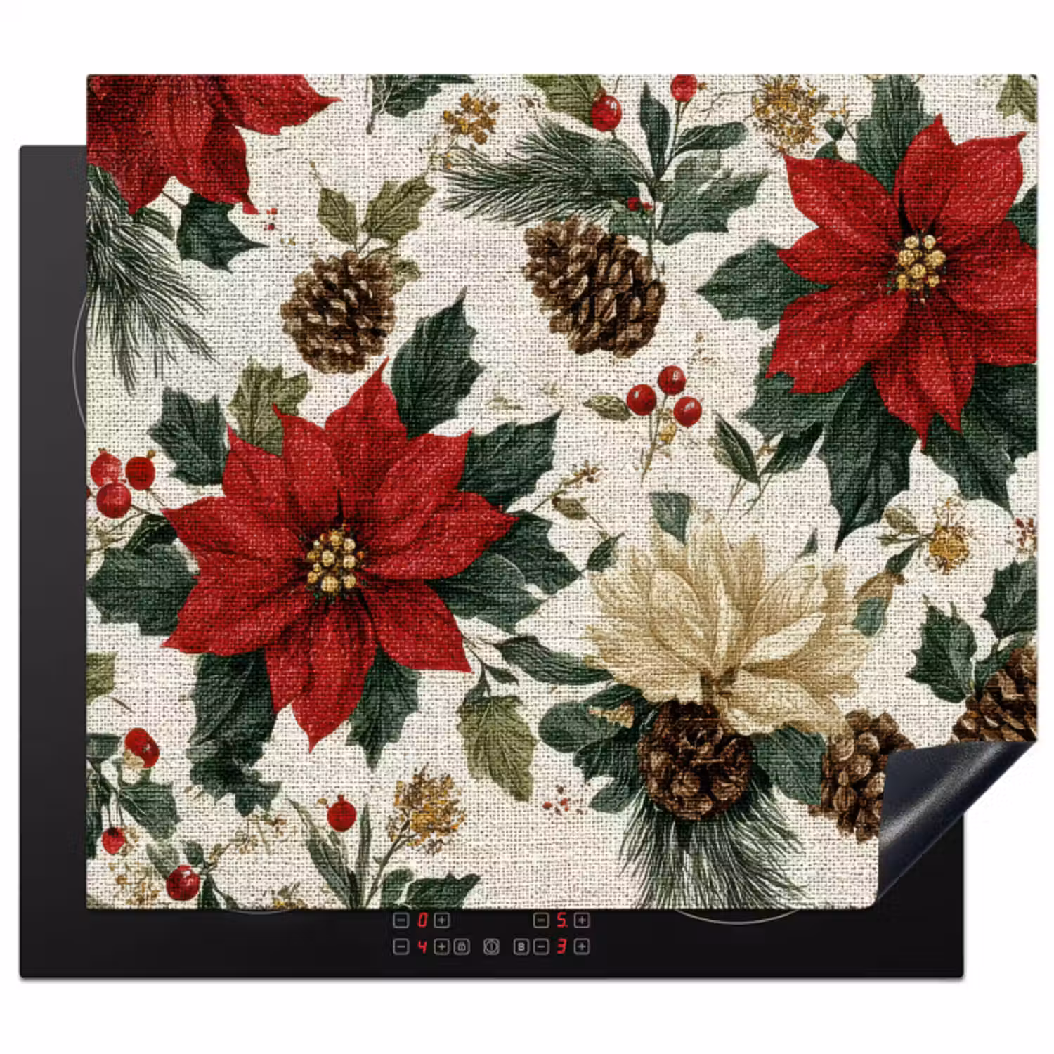 Inductie beschermer - Feestelijk - Textielpatroon - Kerstbloemen - Kleurrijk
