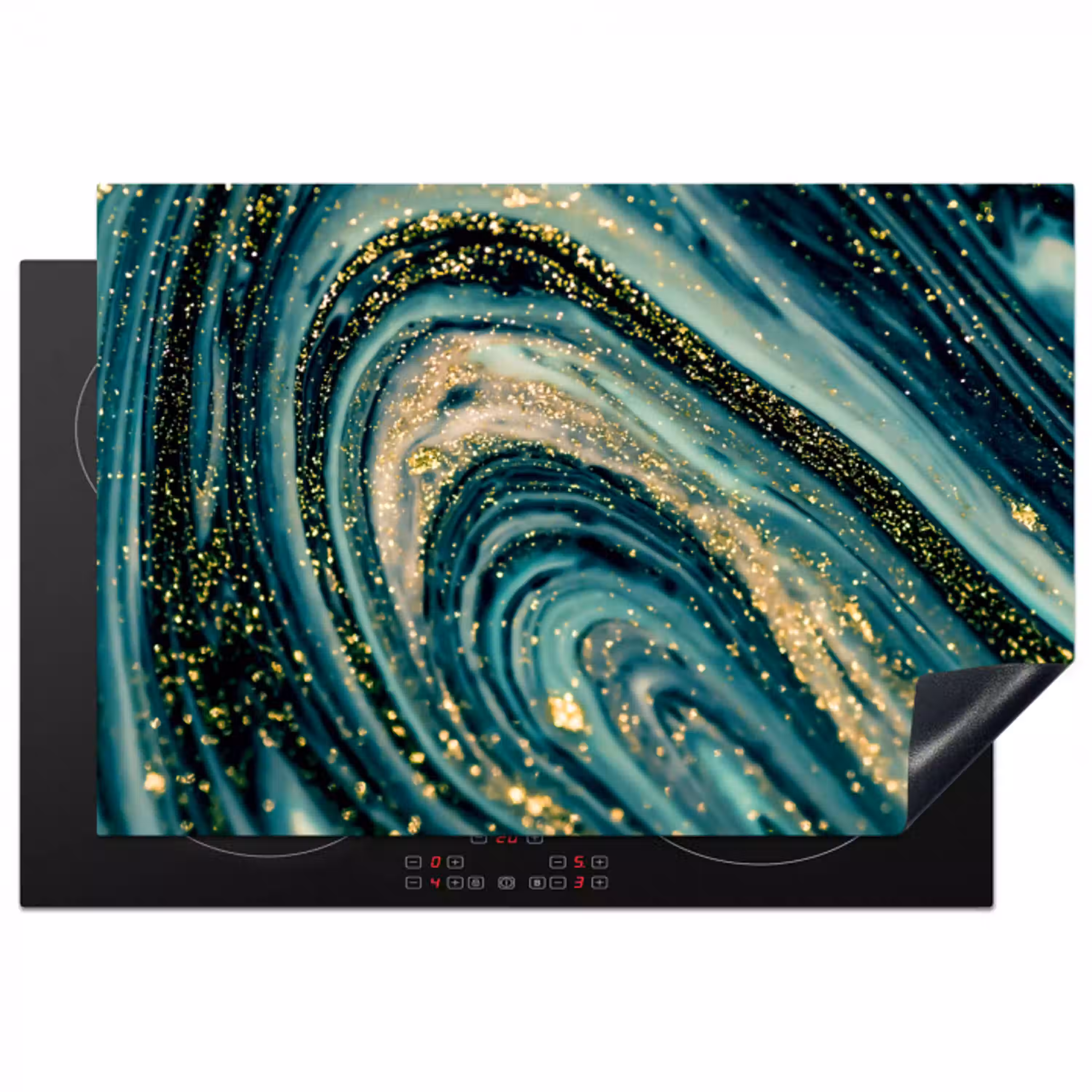 Marmerlook - Luxe - Goud - Turquoise - Glitter Inductie beschermer vinyl 3mm klein -3d
