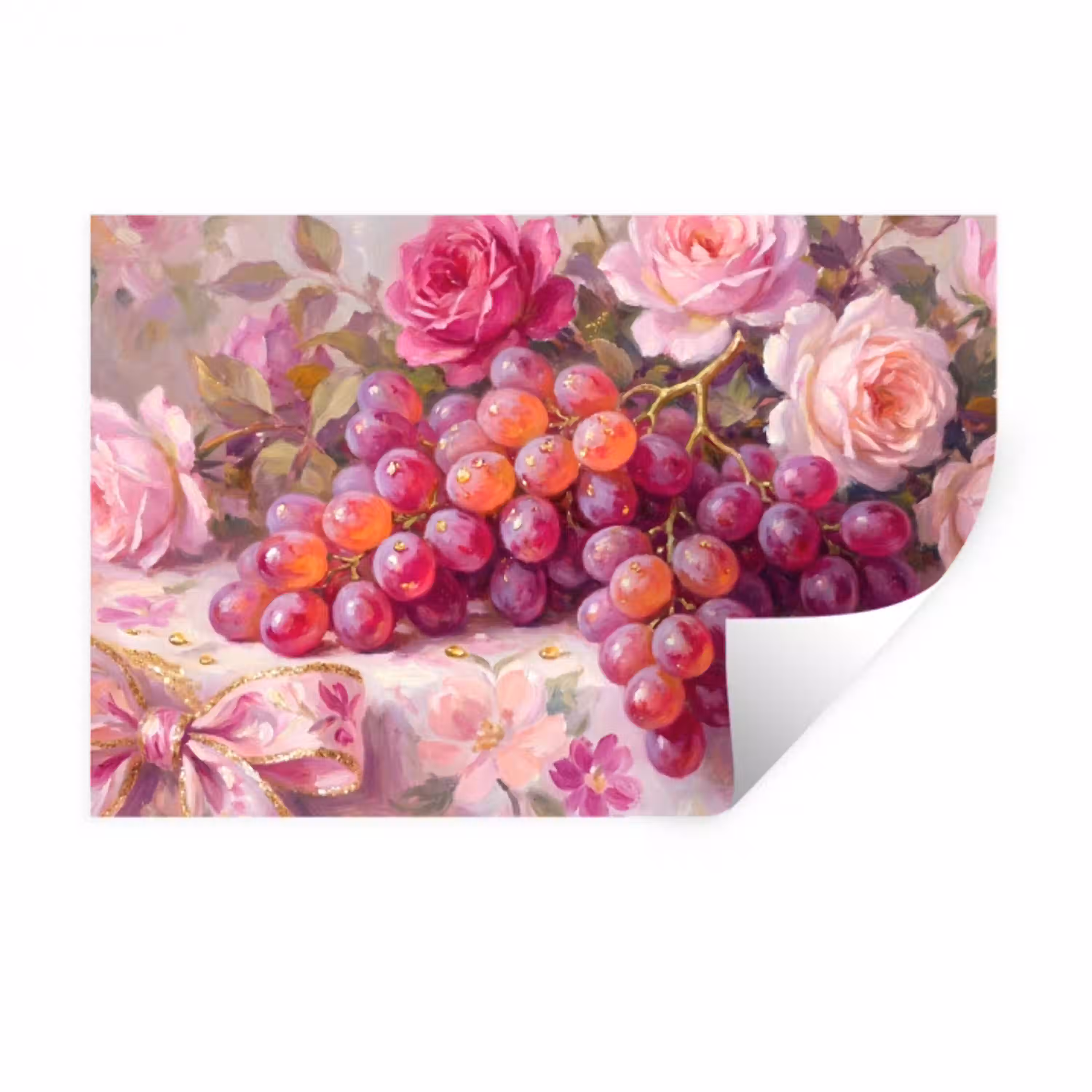 Eten - Bloemen - Stilleven - Roze - Goud Muursticker klein -3d