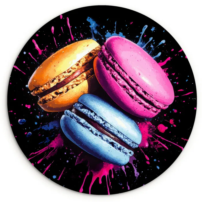 Macarons - Dessert - Graffiti - Kleurrijk - Roze - Blauw - Geel Wandcirkel plexiglas klein -3d