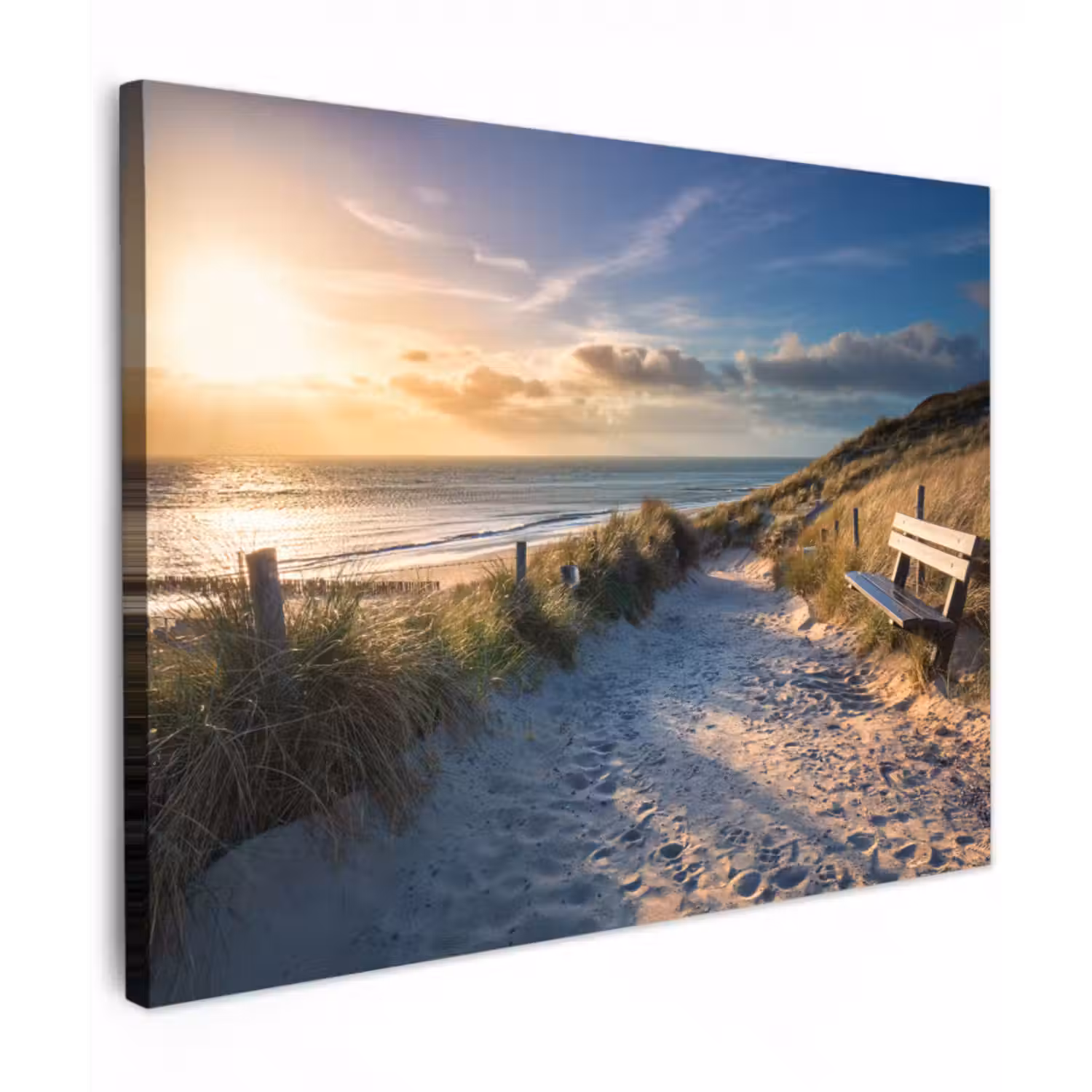Leinwandbild - Sonnenuntergang - Strand - Düne - Gras - Bank