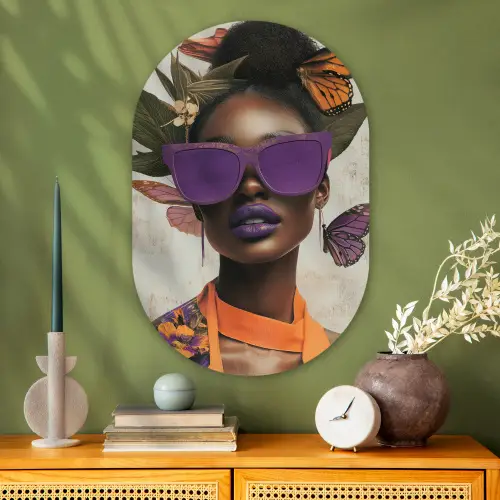Vrouw - Zonnebril - Vlinder - Bloemen Wandcirkel Ovaal Glas middel -sfeer2