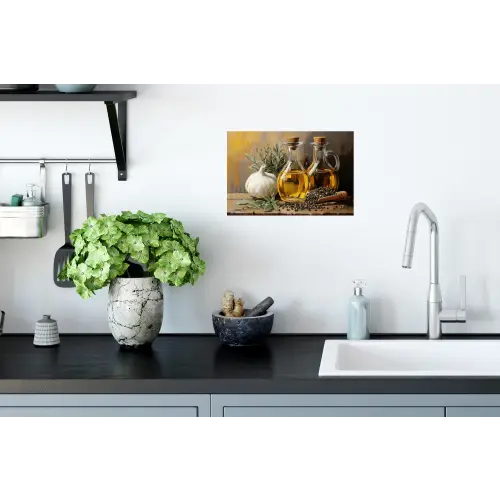 Stilleven - Olijfolie - Knoflook - Kruiden Muursticker klein -keuken