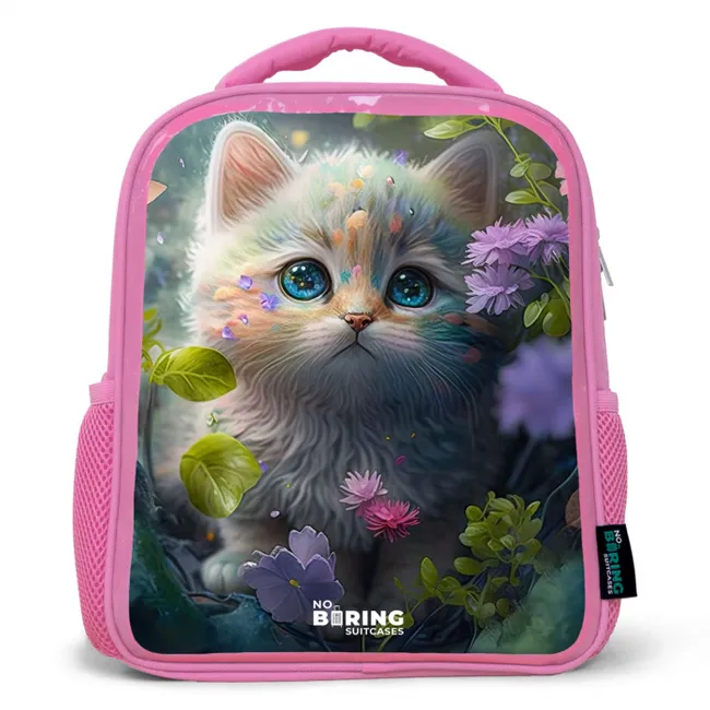Kids' Backpacks Pink -. Kitten hiding behind flowers