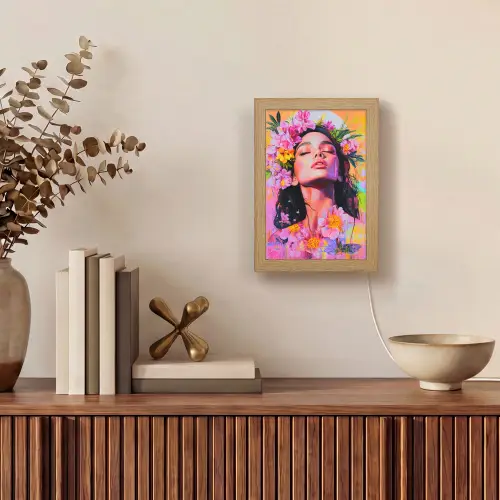 Portret - Bloemenkroon - Vrouw Light Box met kabel (Tafellamp) klein -sfeer2