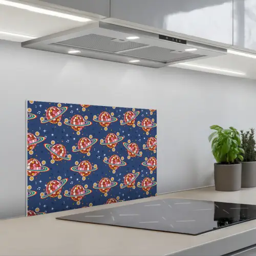 Disco - Blauw - Patroon keuken achterwand spatscherm klein 900 -3d_schuin