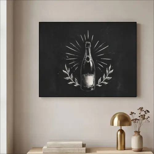 Champagnefles - Lauriertakken - Zwarte achtergrond Textielframe zwart klein -sfeer2