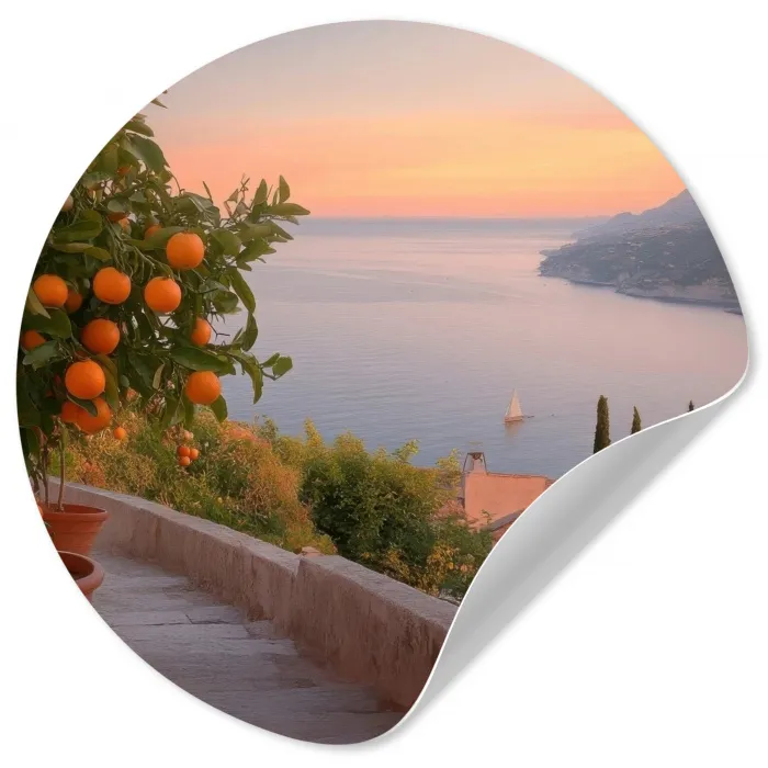 Middelandse zee - Sinaasappel - Heuvels - Zee Wandcirkel behangsticker klein -3d